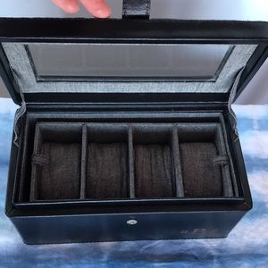 4 Slot Watch Jewelry Box Black Leather
